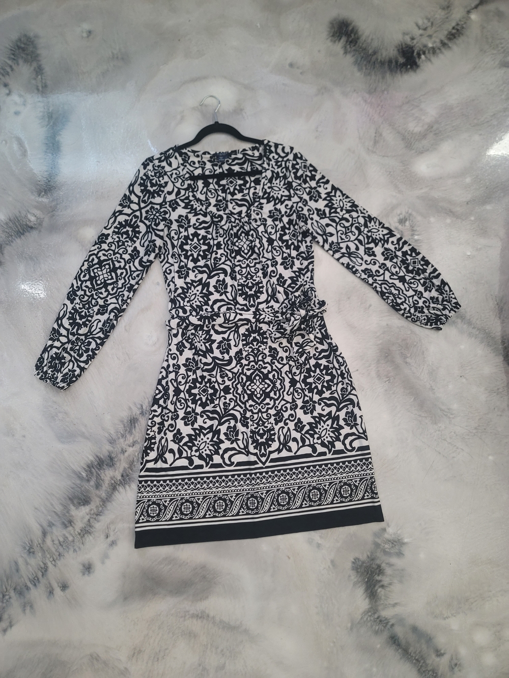 Chaps Black and White Printed Long Sleeve Dress